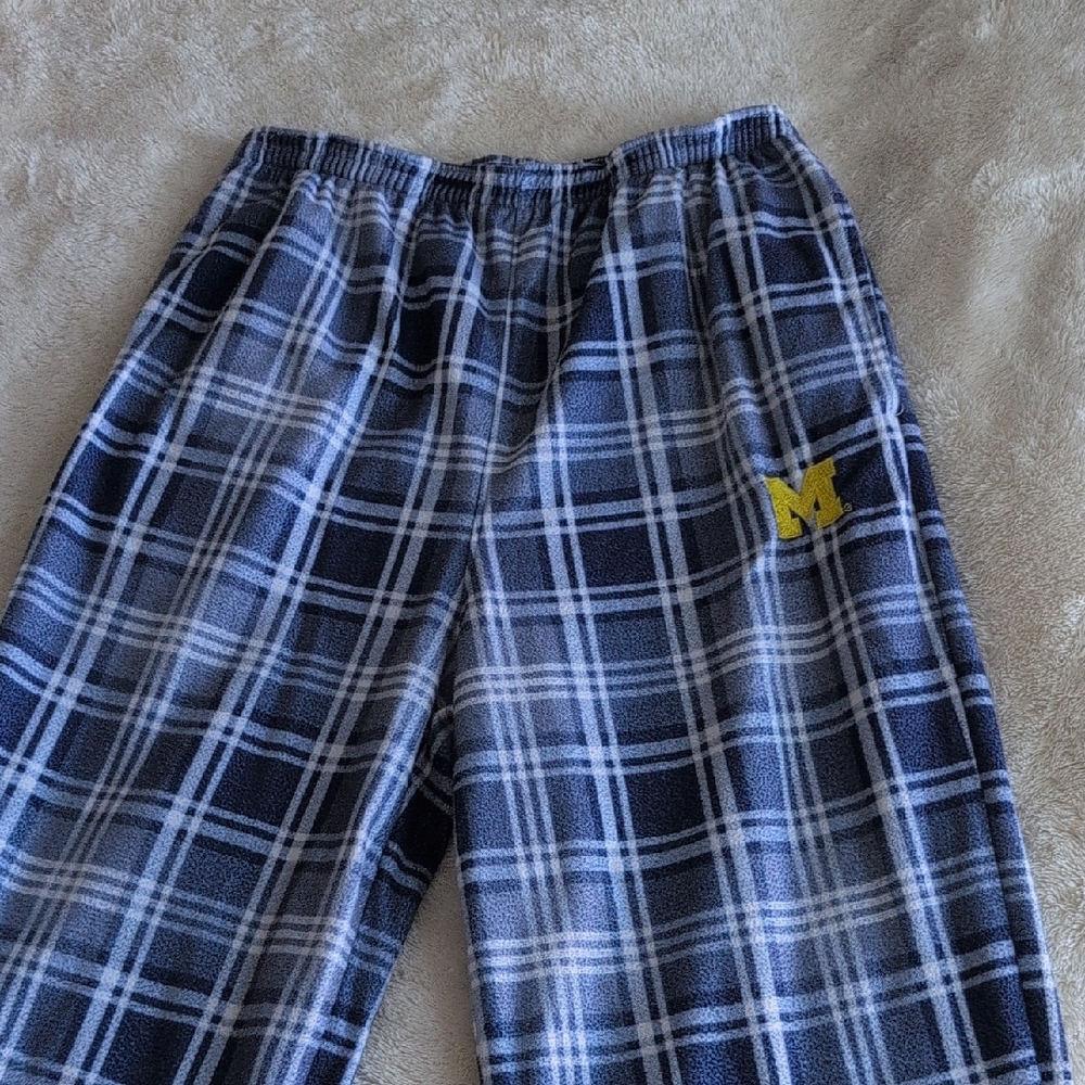Blue and White Plaid Pajama Bottoms with Elastic Waistband